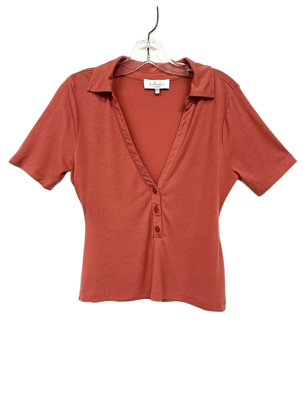 L’Academie Lyocell V-Neck Polo Top Rose Pink Short Sleeve Medium